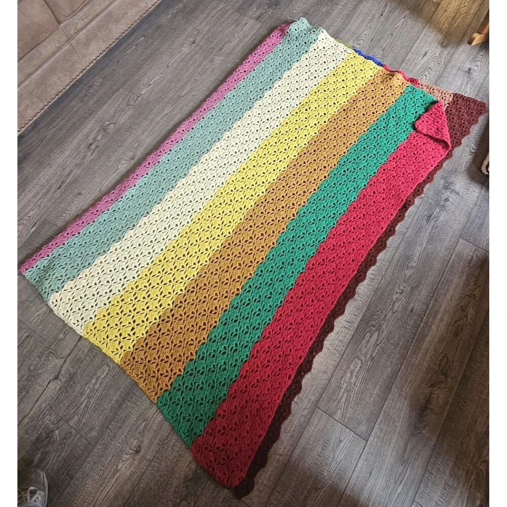 HANDMADE Afghan Blanket Throw Crochet BRIGHT VIBRANT Colors 5'x6'